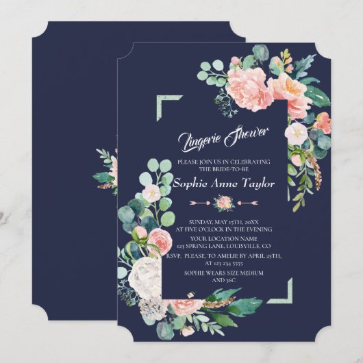 Moderne Blush White Floral Frame Lingerie Dusche Einladung (Vorne/Hinten)