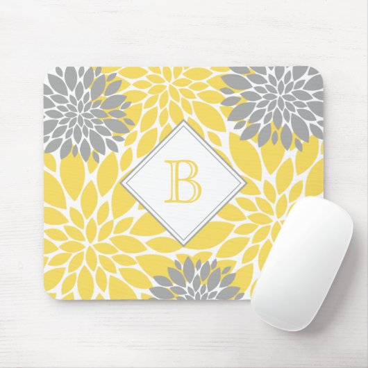 Moderne Blüten, Anfangsmonogramm, gelb grau Mousepad (Mit Mouse)