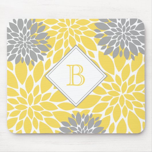 Moderne Blüten, Anfangsmonogramm, gelb grau Mousepad (Vorne)