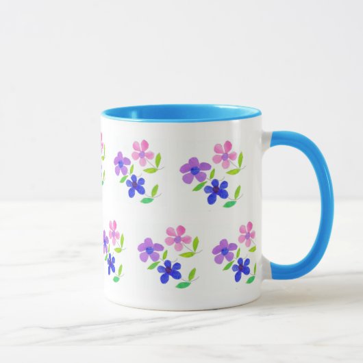 Moderne Blüten, Rosa, Blau, Mauve, Grün auf Weiß Tasse (Rechts)