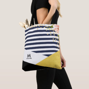 Moderne Blütengoldfolie und Navy Blue Strip Style Tasche