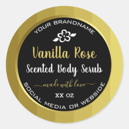 Moderne Body Serub Packing Labels Gold und Schwarz Runder Aufkleber