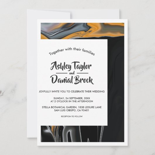 Moderne Bohemische Abstrakte Hochzeit in Schwarz u Einladung (Vorderseite)
