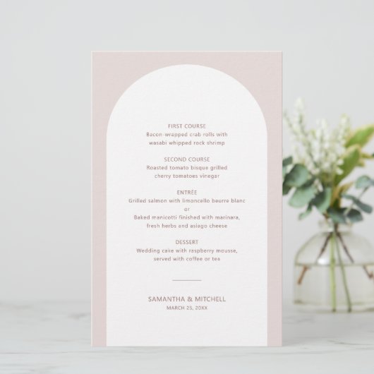 Moderne Bohemische Arch Wedding-Menükarte mit Name (Stehend Vorderseite)