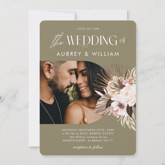 Moderne Bohemische Hochzeit mit floralen Fotos Einladung (Vorderseite)