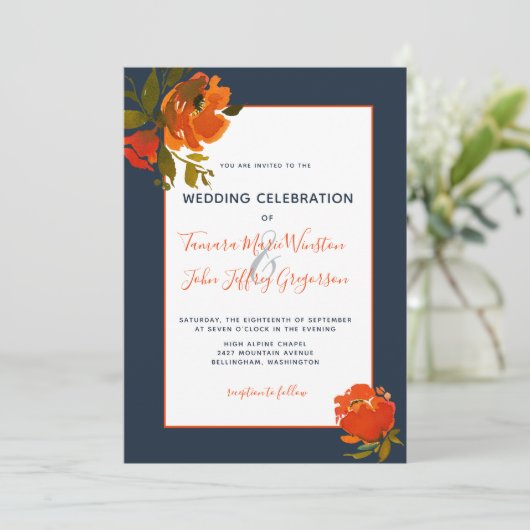 Moderne Bohemische Hochzeitsfeier der Orangen Sees Einladung (Stehend Vorderseite)