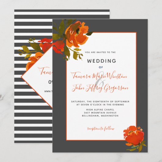 Moderne Bohemische Orange Gray Floral Wedding Einladung (Vorne/Hinten)