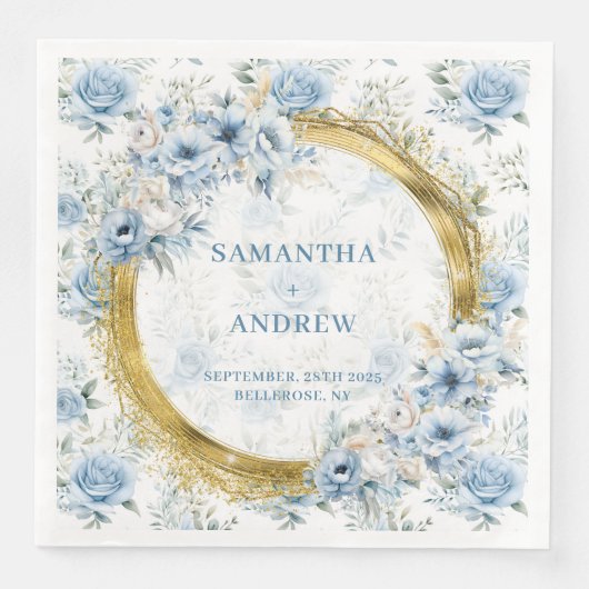 Moderne Bohemische Pastel Blue Gold Glitzer Hochze Serviette (Vorderseite)