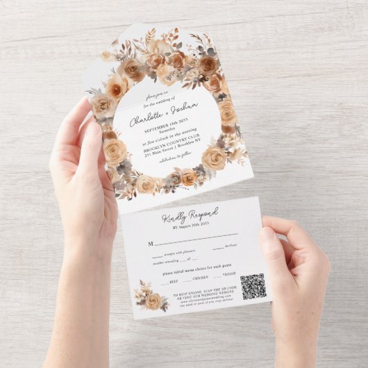 Moderne Bohemische Terracotta QR Hochzeit All In One Einladung (Abreißen)