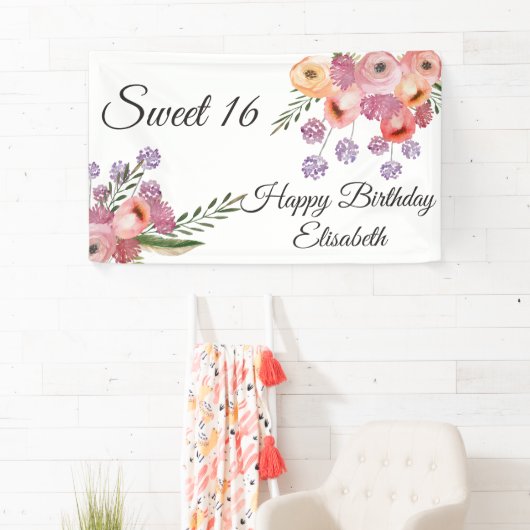 Moderne bohfarbene Wasserfarbe Blütensüß 16 Party Banner (Insitu)