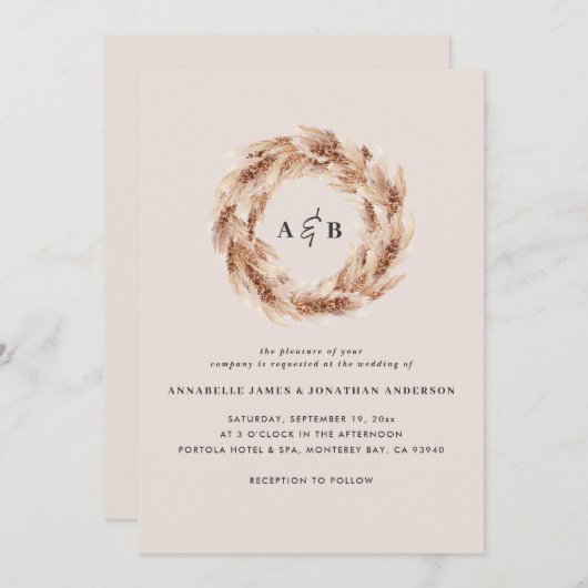 Moderne böhmische Naturpampas-Gras-Hochzeit invit Einladung (Vorne/Hinten)