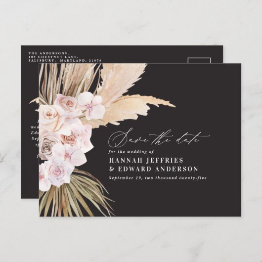 Moderne böhmische Pampas-Gras-Orchideen-Hochzeitsn Ankündigungspostkarte (Vorne/Hinten)