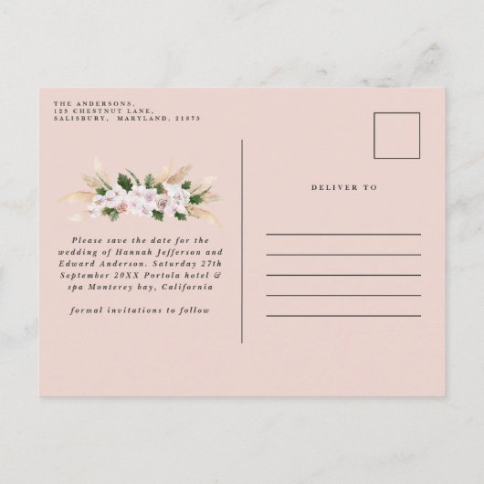 Moderne böhmische Pampas-Gras-Orchideen-Hochzeitsn Ankündigungspostkarte (Rückseite)