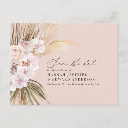 Moderne böhmische Pampas-Gras-Orchideen-Hochzeitsn Ankündigungspostkarte (Vorderseite)