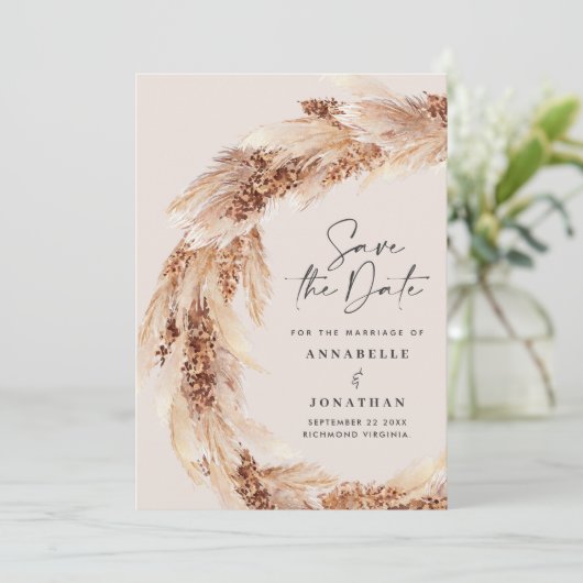 Moderne boho aquamarine Pampas Hochzeit speichern  Einladung (Stehend Vorderseite)