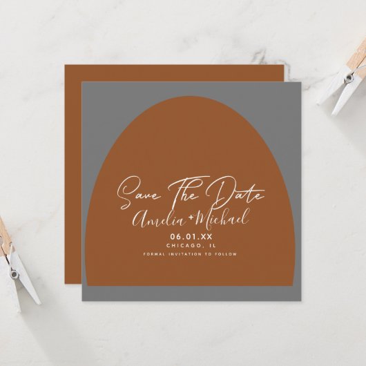 Moderne Boho Arch Bio Formen Grau Save the Date Karte (Vorderseite/Rückseite Beispiel)