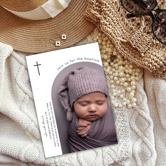 Moderne Boho Arch Cross Baby Foto Taufe Einladung
