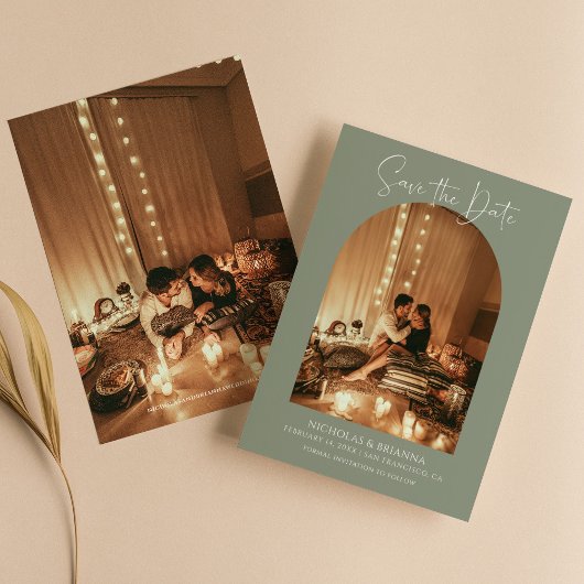 Moderne Boho Arch Foto Sage Green Simple Wedding Save The Date