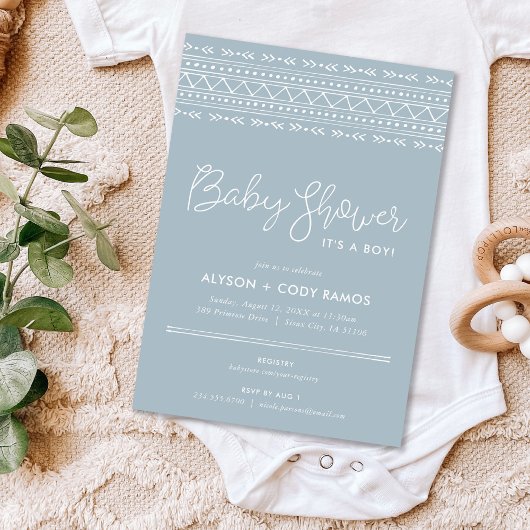 Moderne Boho Baby-Dusche | Dusty Blue Einladung