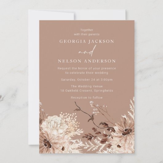 Moderne Boho Beige Blumenhochzeit Einladung (Vorderseite)