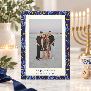 Moderne Boho Blau Gelbe Hanukkah Botanische Fotogr Feiertagskarte