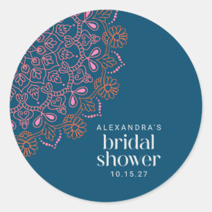 Moderne Boho-Blau-Mandala-Hochzeitsdusche-Benutzer Runder Aufkleber