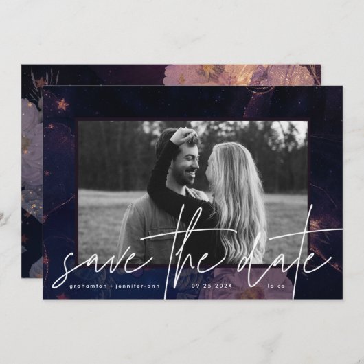 Moderne Boho Blumenfantasie Dunkler Fall Lila Save The Date (Vorne/Hinten)