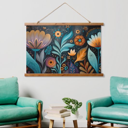Moderne Boho-Blumentapete Wandteppich Mit Holzrahmen (Wohnzimmer)