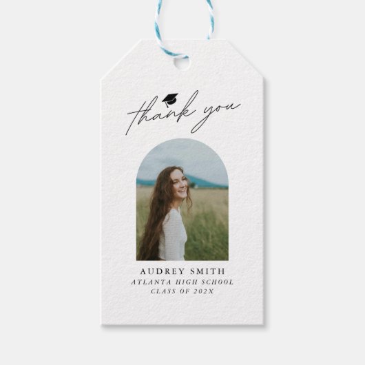 Moderne Boho-Bogen-Foto-Abschluss-Dankeschön Geschenkanhänger (Vorderseite)