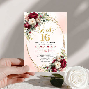 Moderne Boho-Burgund-Gold-Blumen 16. Geburtstag   Einladung