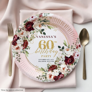 Moderne Boho Burgund Gold Blumen 60. Geburtstag Pappteller
