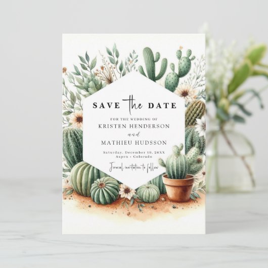 Moderne Boho Cactus Wedding Save The Date (Stehend Vorderseite)