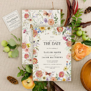 Moderne Boho-Chic-Save-the-Date-Karte mit gepresst Einladung