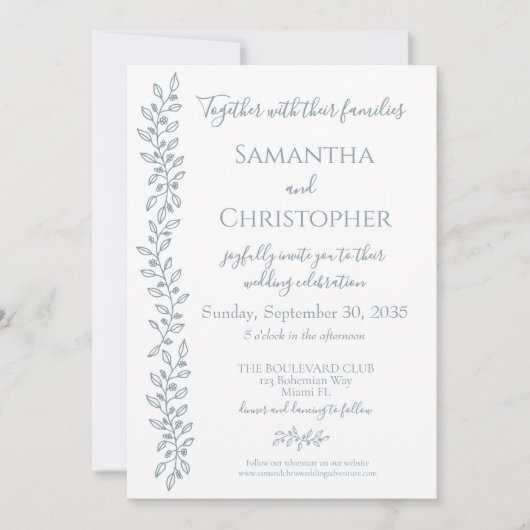 Moderne Boho Dusty Blue Botanical Minimal Wedding Einladung (Vorderseite)