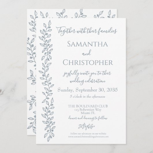 Moderne Boho Dusty Blue Botanical Minimal Wedding Einladung (Vorne/Hinten)