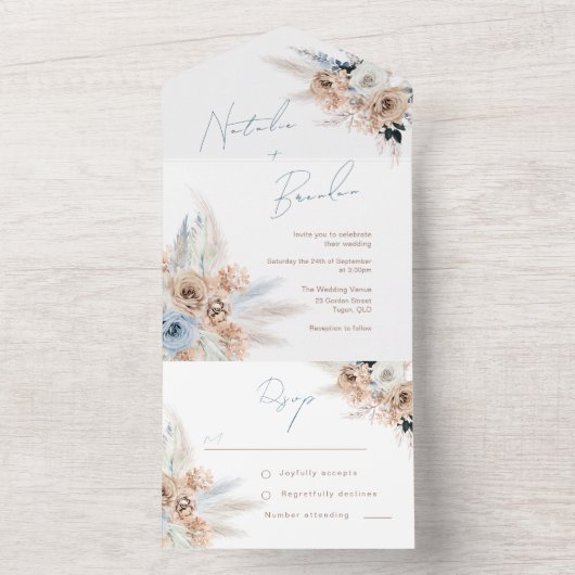 Moderne Boho Dusty Blue Script Wedding All In One Einladung (Innen Boden)