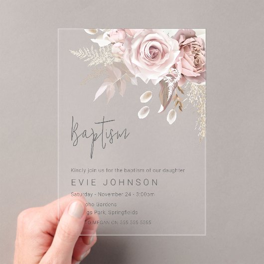 Moderne Boho Dusty Rose & Blush Bloral Taufe Acryleinladungen (Insitu (Handheld))