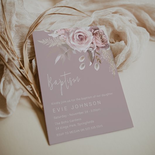 Moderne Boho Dusty Rose Taufe Einladung