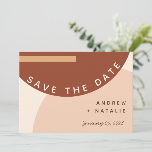 Moderne Boho Earth-Töne Abstrakte Circles Wedding Save The Date (Stehend Vorderseite)