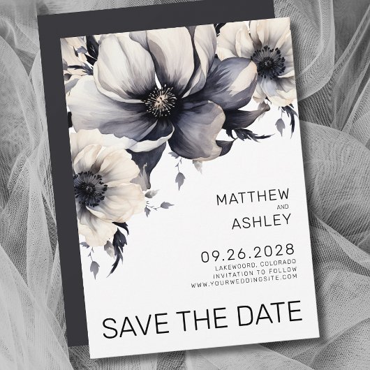 Moderne Boho Elegante Schwarz-weiße Blumenhochzeit Save The Date