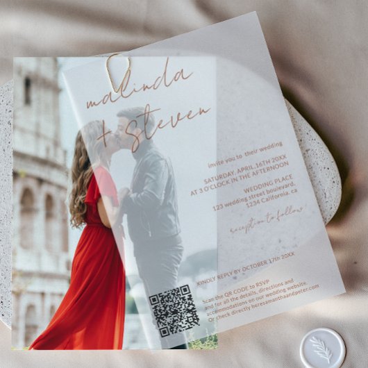Moderne Boho Elegante Script QR Code Hochzeit Pergament Einladungen