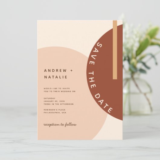 Moderne Boho erdgetönte Abstrakte Circles Wedding Save The Date (Stehend Vorderseite)