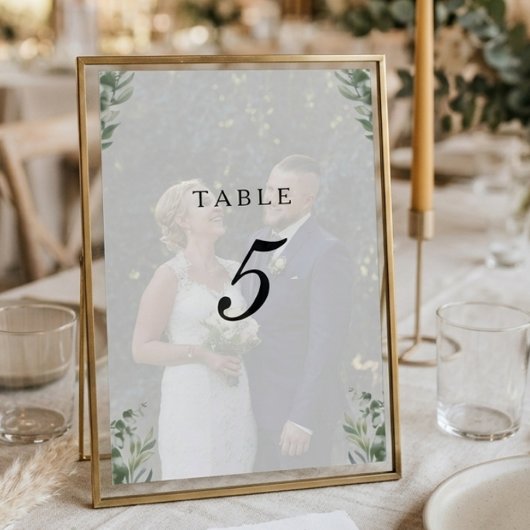 Moderne Boho Eukalyptusblätter & Foto Hochzeit Tischnummer