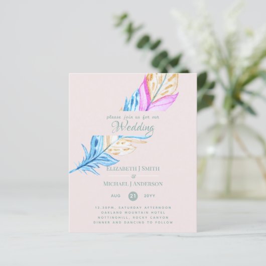 Moderne Boho Feather farbenfrohe Hochzeit einladen (Stehend Vorderseite)