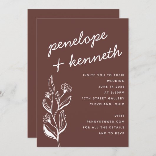 Moderne Boho Floral Earthy Fall Brown Wedge Einladung (Vorne/Hinten)