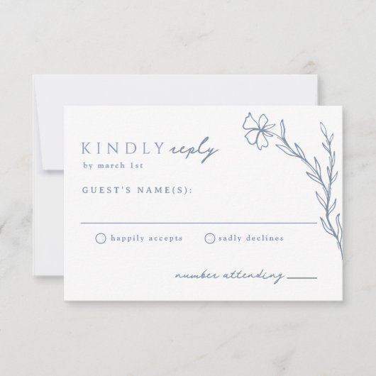 Moderne Boho Floral Kontur in Dusty Blue Wedding RSVP Karte (Vorderseite)