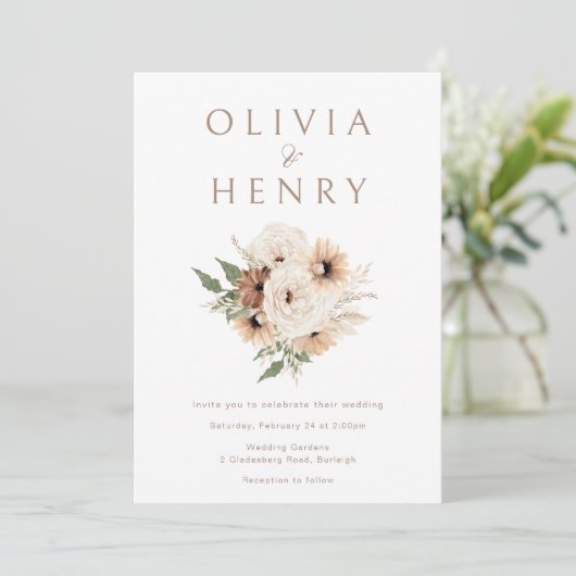 Moderne Boho Floral Minimal Hochzeit Einladung (Stehend Vorderseite)