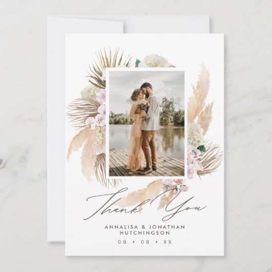 Moderne Boho Floral Multi-Foto Hochzeit Dankeskarte (Vorderseite)