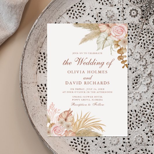 Moderne Boho Floral Pampas Grass Wedding Einladung
