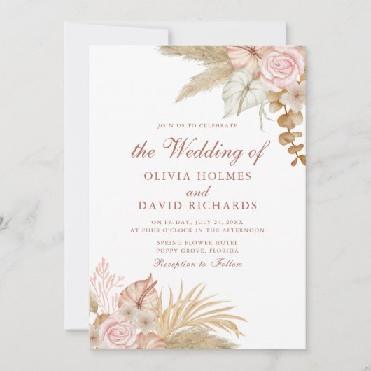 Moderne Boho Floral Pampas Grass Wedding Einladung (Vorderseite)